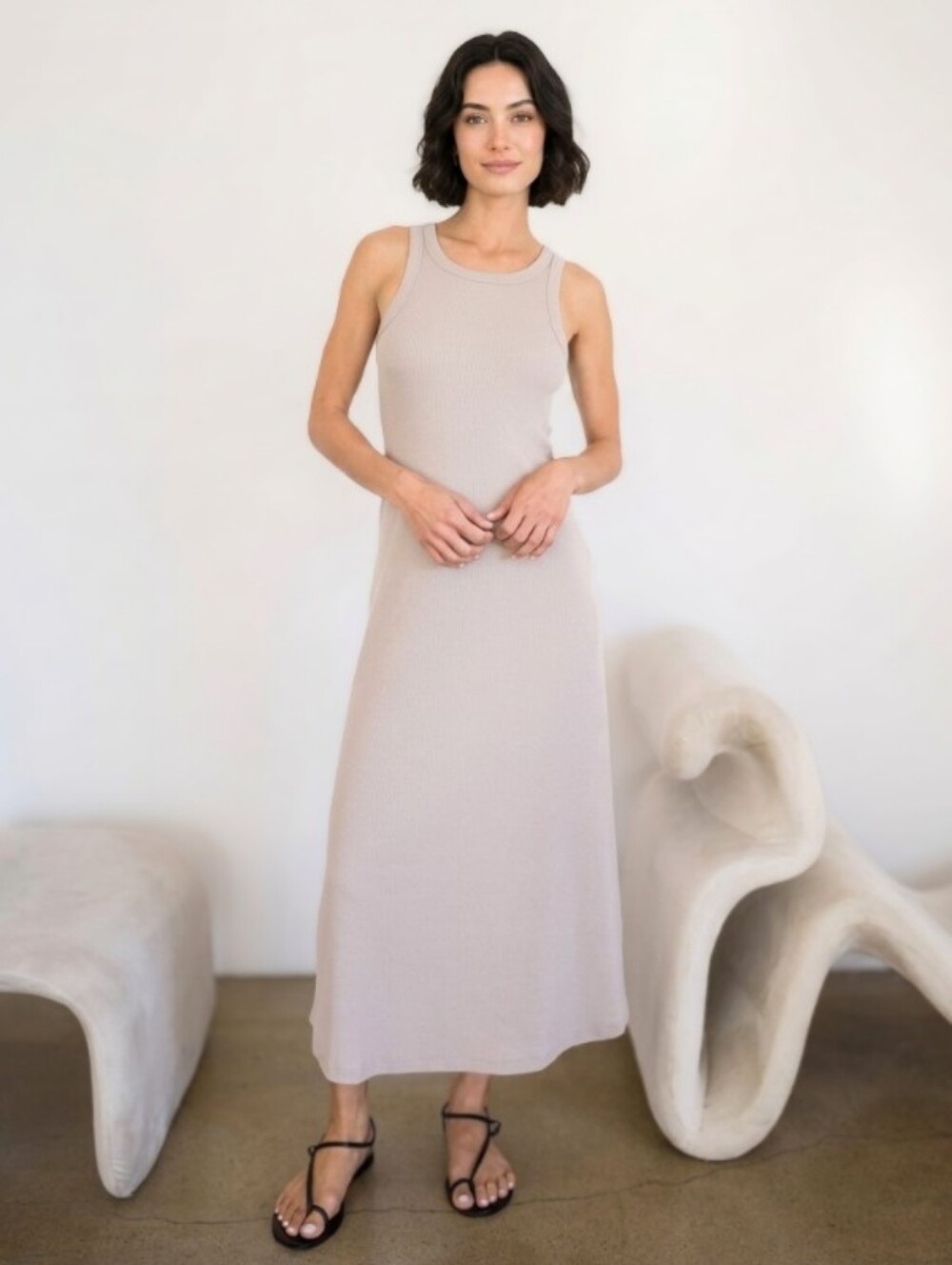 AYR The‎ Metro Tank-Dress in Mushroom/Tan Ribbed Stretch Summer Travel Size M